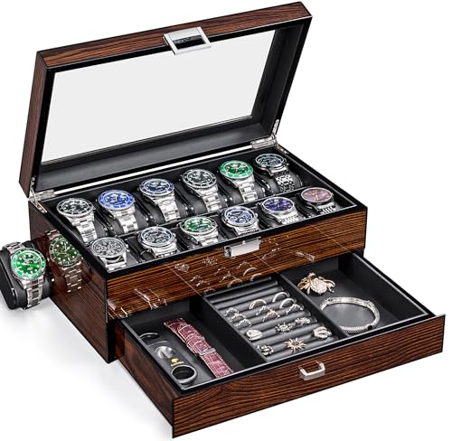 BEWISHOME High-End Watch Case, 12 Slot Watch Box with Valet Drawer, Luxury 2-Layer Watch Display Case for Jewelry, Wooden Watch Holder, Watch Organizer for Men Women Brown SSH02Y