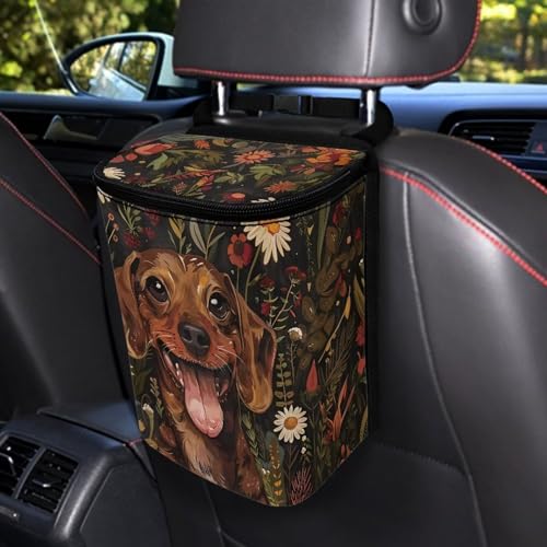 Image of Talayituse Dachshund Daisy Flower Print Car Trash Can with Adjustable Straps, Foldable Car Trash Bag Bin Car Garbage Bag Multipurpose Storage Box for Vehicle Travel Camping Picnicing