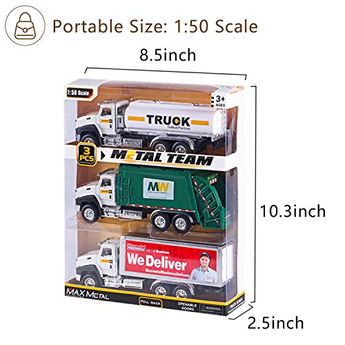 G.C 3 Pack Diecast Transport Vehicles Set - Garbage Truck, Tanker, Delivery Truck 1:50 Scale Pull Back Metal Model Car Toys for Boys by G.C - Used condition - Image 6