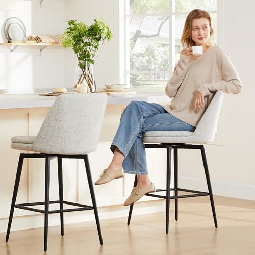 Image of CHITA Swivel Bar Stools, 27.2 inch Counter Height Bar Stools Set of 2, FSC Certified Upholstered Modern Counter Stools, Metal Legs, Fabric, Light Grey (Multi-Colored)