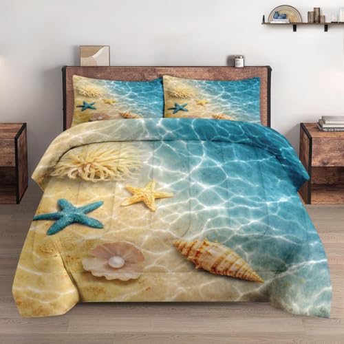 WeCozy Queen Size Comforter Set with 2 Pillowcases, Summer Marine Seashell Starfish Beach Ocean Soft 3 Pcs Bedding for Kids and Adults Bedroom Bed Decor