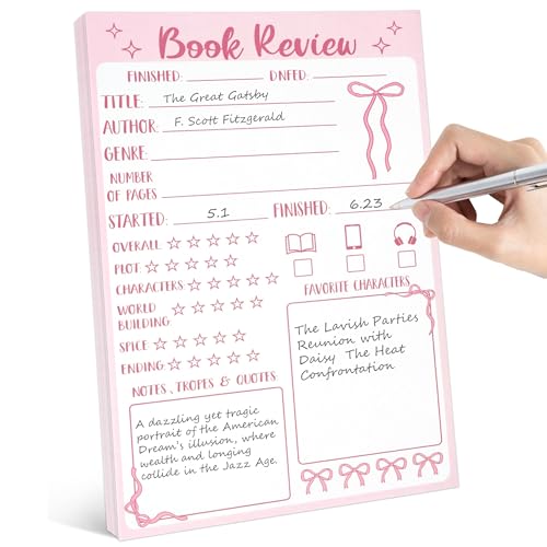 L1rabe Pink Bow Book Review Notepad - Back to School Gift 50 Sheets Reading Journals Tracking Notepad for Readers Book Lovers, Pink Bowtie Reading Log for Students Bookish Women to Review Tracker