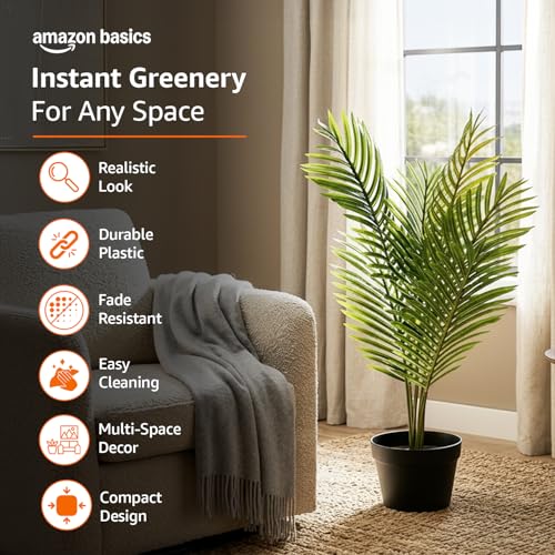 Image of amazon basics Artificial Areca Plant in Black Plastic Pot | Realistic 70 cm Faux Greenery | Durable Plastic | Stylish & Compact | Zero Maintenance | Indoor, Outdoor, Home & Office Decor