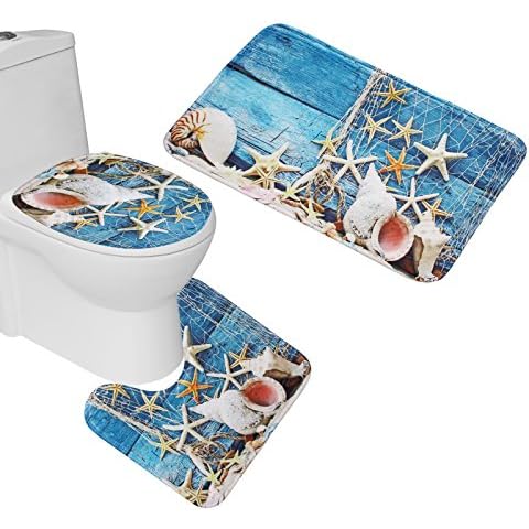 Amagical 3 Piece Bath Mat Set Blue Starfish Flannel Bathroom mat Contour Toilet Cover Rug Cover