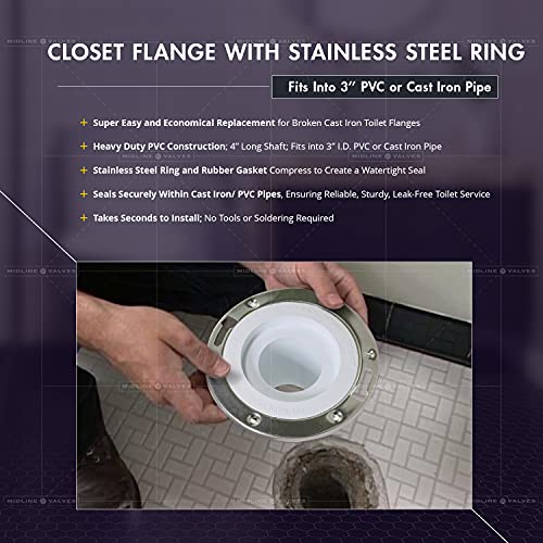 Image of Midline Valve S1165 4-1 /2'' Long Closet Flange with Stainless Steel Ring; Fits Into 3'' PVC or Cast Iron Pipe