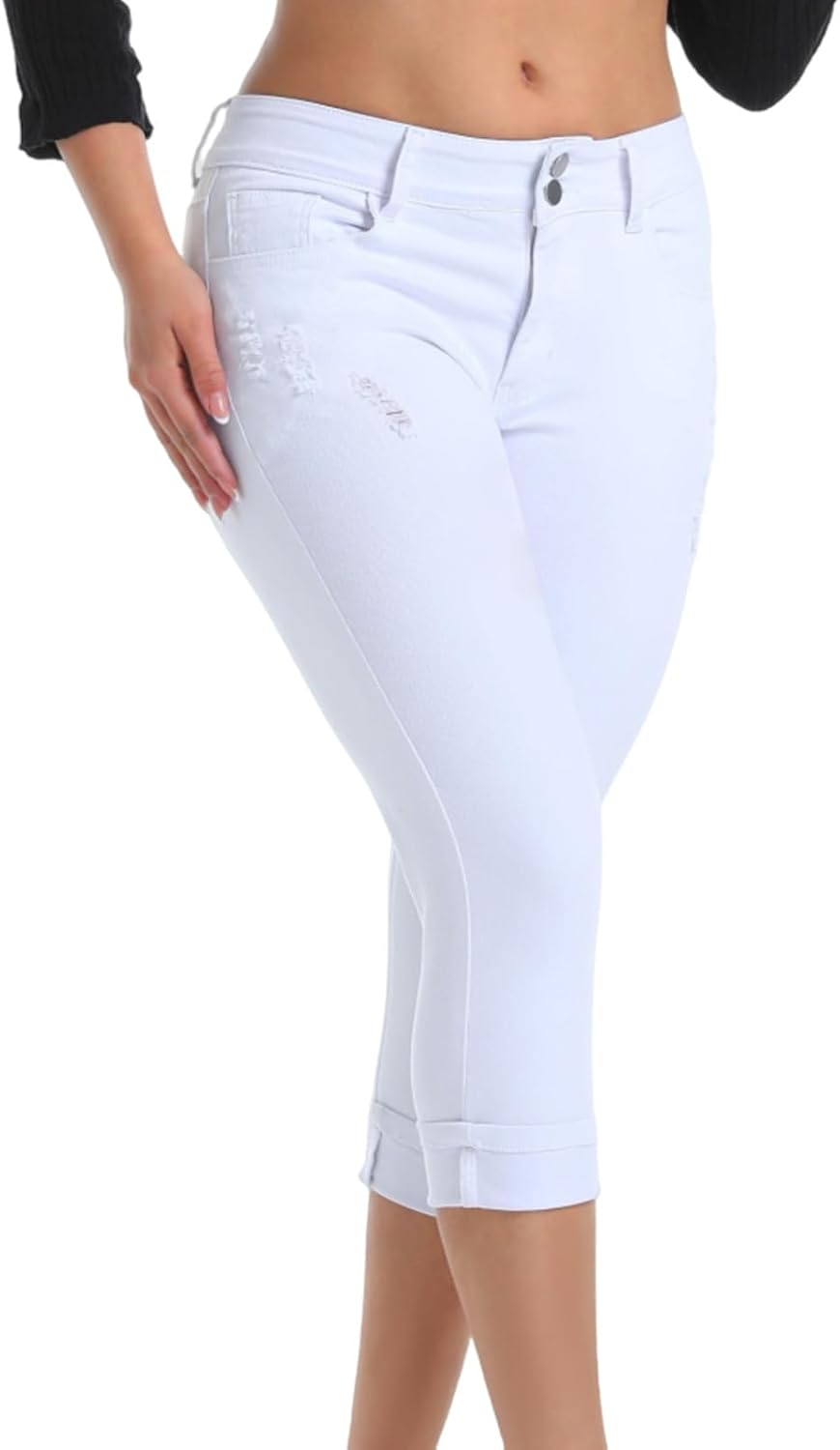 Women’s Capri Pants Skinny Stretchy Ripped High Waisted Cuffed Denim Jeans