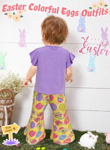 Image of Happy Easter Outfit for Toddler Girl - Cute Bunny Top Flutter Sleeve Shirts Colorful Rabbit Flare Pants Clothes Set