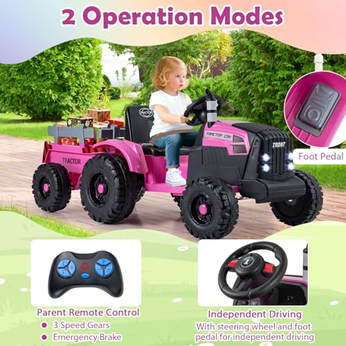 Image of Costzon 24V Ride on Tractor with Detachable Trailer, Kids' Electric Vehicles with 3 Speeds, 15 Climbing, Wireless Design, Horn & Music, Remote Control Tractor Toy for Kids 3+,Gift (24V, Dark Pink)