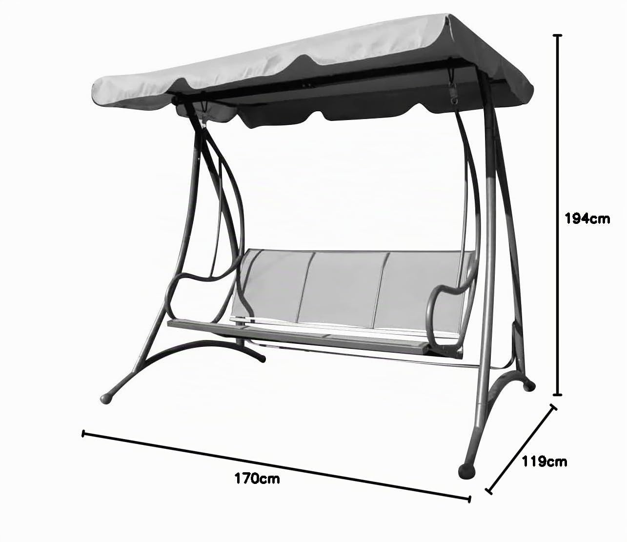 Bakaji Dondolo Da Giardino 3 Posti Colore Grigio Antracite Tetto Parasole Struttura in Acciaio Inox Seduta in Texilene Traspirante Dimensioni 194 x 119 x 170 cm