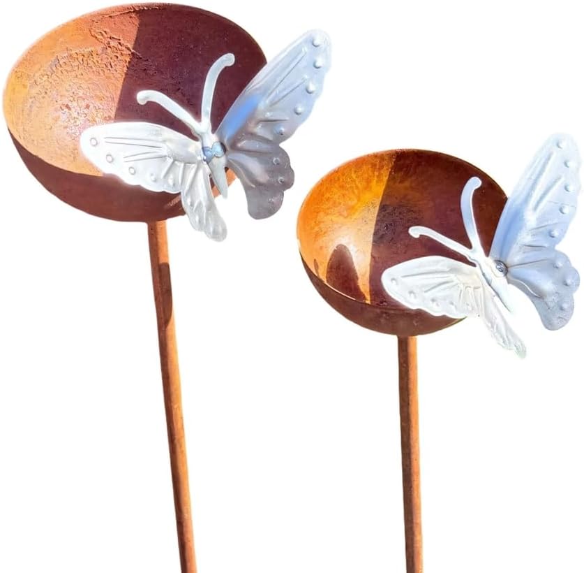 Outdoor Wildlife Water Cup Stakes with White Butterfly Metal Bowl Pair