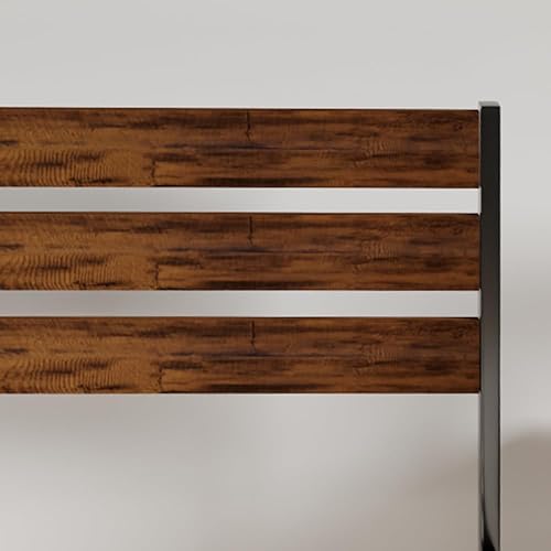 Miniatura 45 de Cama de plataforma de metal de tamaño individual con cabecera de madera, no necesita somier, fácil montaje, grano de madera negro Grano de madera