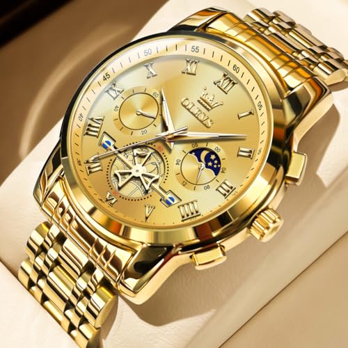 Image of OLEVS Watches for Men Chronograph Business Wrist Watches Analog Quartz Moon Phase Stainless Steel Waterproof Luminous Dress Watches
