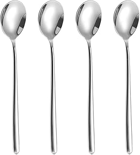 Korean Soup Spoons, 304 Stainless Steel Hollow Round Handle Spoons, 8.7 Inch Long Tablespoon for Coffee, Desserts, Silver, Set of 4