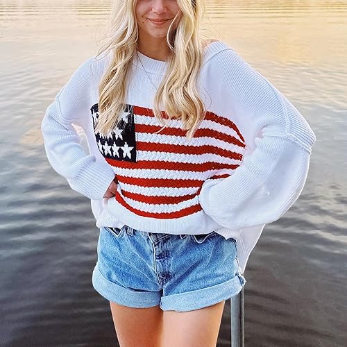 Image of KMBANGI Women American Flag Sweater Graphic Loose Vintage Long Sleeve Crewneck Knitted Jumper Top Patriotic Pullover