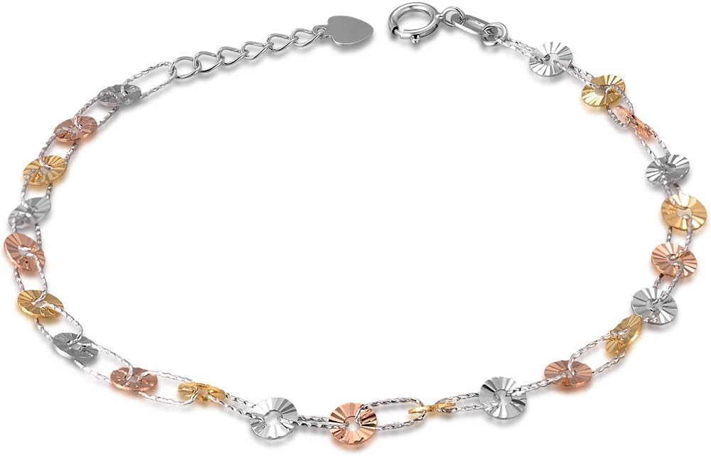 14K Italian Tri-Color Yellow Rose White Gold Round Disc Link Chain Bracelet (6.5')