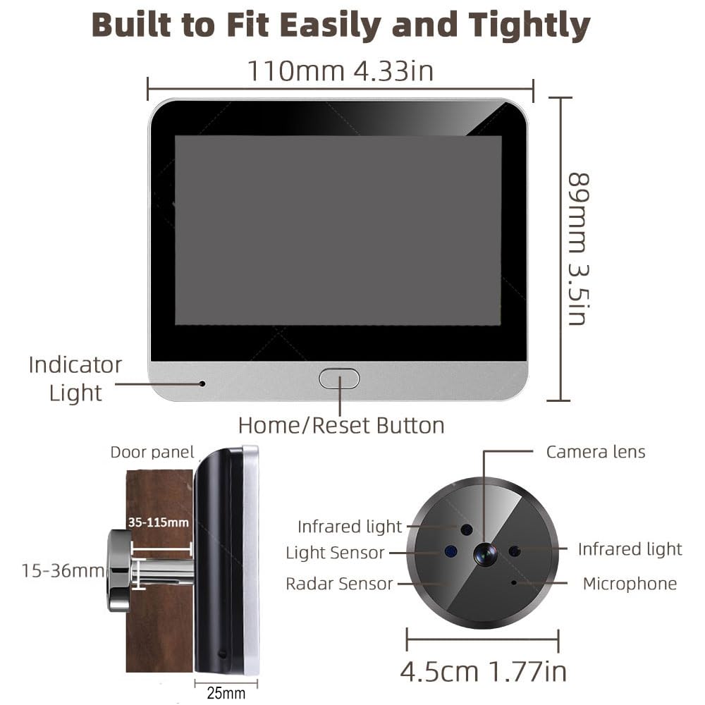 Microondas Radar Humano Cuerpo Detección,2K Mirilla Digital Puerta Wifi con MicroSD de 32GB,Video Inalámbrico Cámara con Pantalla de 4.3'', Gran ángulo 140 °, 5000mAh, Visión Nocturna,WiFi 2.4 GHz