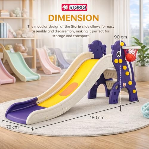 Image of Storio Big Slide for Kids with Basketball Hoop | Large Indoor Outdoor Toddler Climber Playset for 2+ Years | Safe & Sturdy Plastic Garden Slide Toy for Boys & Girls - Purple