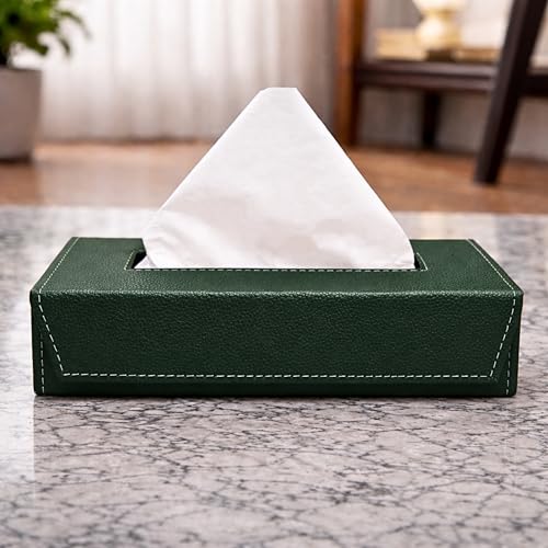 Image of LEEZEL| Tissue Box Holder with 100 Pulls Cotton Rags Tissue | Handcrafted Fine Leather - Like Finish | for Gifting, Office Desks, Cars & Home Decor | Durable & Water Resistant. (Military Green)