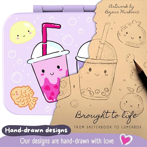 Image of Kids Lunch Box with Compartments - Compact & Lightweight | Leak-Proof, BPA-Free, Dishwasher Safe | Hand-Drawn Design for Preschool, School, Travel (BubbleTea Purple, 2.75 Cups)
