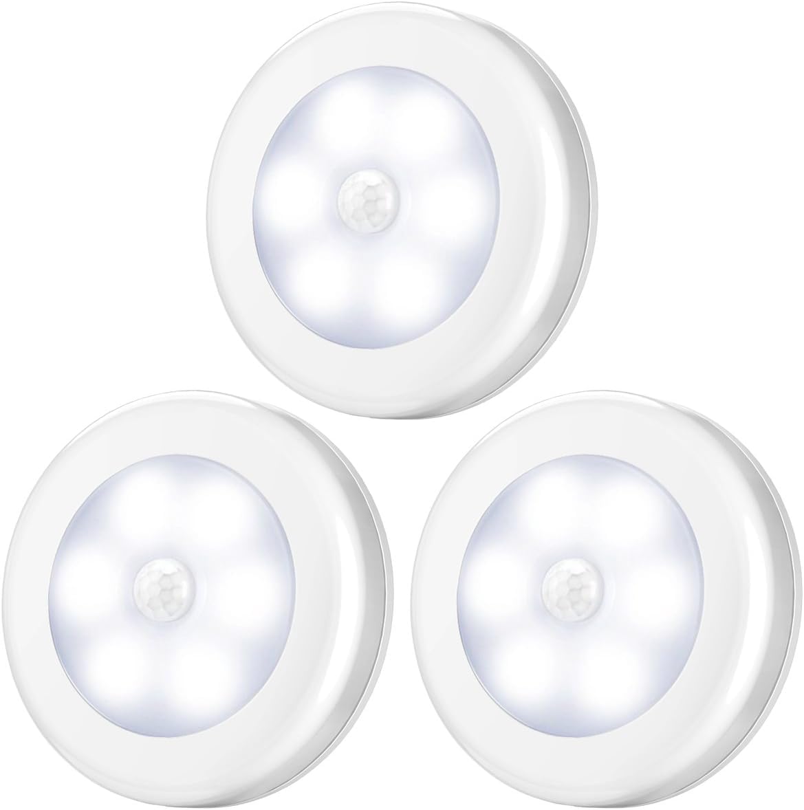 Motion Sensor Light, 3 Pack Stick-On Cabinet Night Light, Battery Powered Stair Lights with Adhesive Pads, Under Cabinet Lights for Wardrobe, Cupboard, Closet, Hallway, Kitchen, Stairs, White