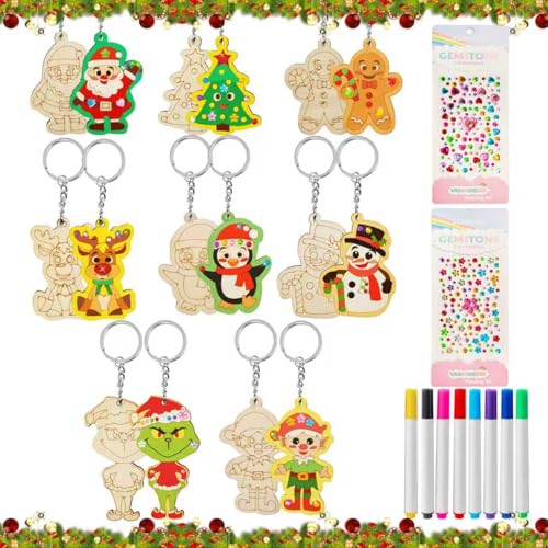 TOPJOWGA Schlüsselanhänger Weihnachten, 26 Stück Weihnachten Basteln Kinder, Schlüsselringe Bastelset aus Holz… – Ansicht 1
