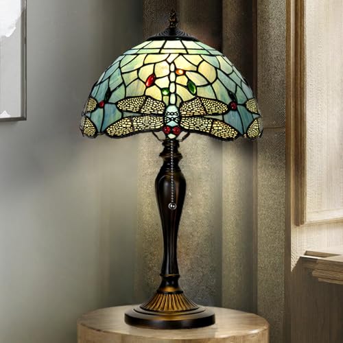 Image of TL0023 Tiffany Style Dragonfly Table Lamp Stained Glass Blue Shade Reading Desk Light 12 X 20 Inches for Bedroom Living Room Home Office, Vintage Handcrafted Accent Decor, LED Blub Included