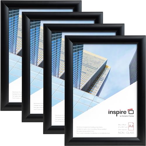 Inspire by Hampton A4 Snap Frame 21x30cm Black Pack of 4 Acrylic Front Easy Open Wall Mountable For Posters Certificates Photos
