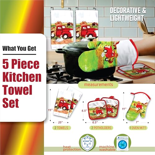 Lobyn Value Packs: 5 Piece Kitchen Towel Set with Vintage Red Truck Design, 2 Decorative Dish Towels (25 X15), 1 Oven Mitt (11 X 7) and 2 Potholders (6.5 X 6.5) for Countryside Elegance - Thumbnail 2