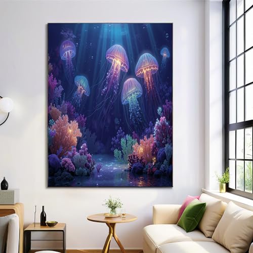 Cuadros en lienzo de medusas JRISEMECY sin marco azul profundo 70x100cm 2