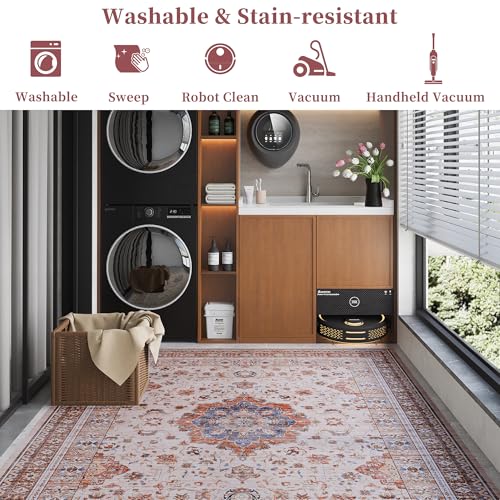 Vintage 9x12 Washable Area Rug, Low-Profile Large Area Rug with Non-Slip Backing & Durable Edge Binding, Pet-Friendly Carpet, Large Rug for Living Room, Bedroom & Dinning Room