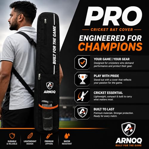 Image of Pro Cricket Bat Cover Full Size with Shoulder Strap, Water-Resistant & Lightweight, Quick Acess Pockets for Wooden & Plastic Bats (Black)