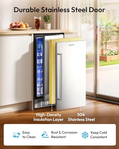 Image of EUHOMY 15 Inch Under Counter Beverage Refrigerator, 127 Can Beverage Fridge with Stainless Steel Door, Beverage Cooler Built-in, Drink Fridge for Soda Beer and Wine