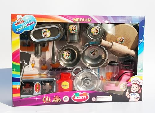 Image of DZLING Kids Steel Kitchen Set Toys, Traditional Indian Cooking Playset with Utensils, Gas Stove, Blender, Chakla Belan Accessories, Role Play Pretend Cooking Toy for Boys & Girls (Medium Kitchen)