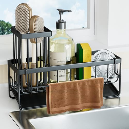 Bonhoom Spülbecken Organizer Küche Schwammhalter - Spüle Organizer mit Spültuchhalter und Bürstenhalter Metall Sink Organizer mit Automatisch Abflusspfanne (Schwarz)