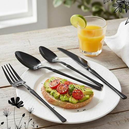 Image of 8 Pcs Black Slim Handle Stainless Steel Cutlery Set for Dining Table with Spoons and Forks Set + Butterknives - The Perfect Tableware /Flatware