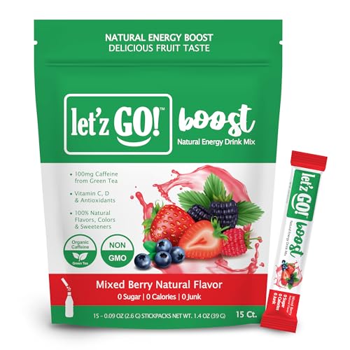 Let'z Go Clean Energy Drink Mix – Natural Caffeine Packets, Vitamins C + D, Electrolytes,...