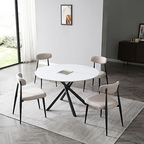 KEVINSPACE 53.1″ Round Dining Table, Marble Table White Sintered Stone Tabletop with Solid Carbon Steel Base, Mid Century Modern Dining Table for Kitchen, Dining Room, Office, Reception Room Moon