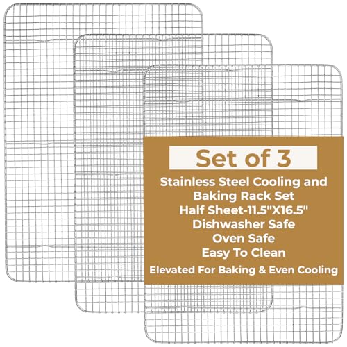 3 Pack Cooling Racks, 16.5 x 11.8 Inch Stainless Steel Cooling and Baking Rack Set 1/2 Sheet Baking Racks for Oven Cooking Roasting Grilling Heavy Duty Tight-Wire Metal Mesh Oven Rack, Dishwasher Safe