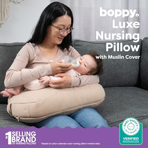 Image of Boppy Nursing Pillow, Cotton Muslin Ergonomic Breastfeeding Support Pillow | Bottle & Breastfeeding Pillow, High Lift & Firm Support, Water-Resistant, Washable Cotton Muslin Cover - Oatmeal