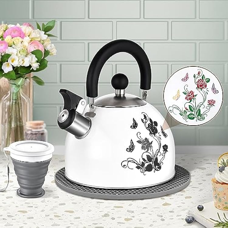 ARC Stainless Steel Whistling Tea Kettle, Magic Color Changing Design 2-Quart Stovetop Kettle Whistle White Teapot with Folding Cup & Trivet Mat