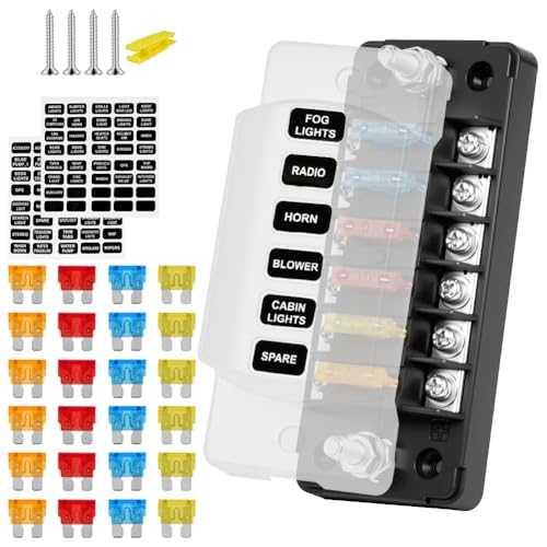 Flintronic Porte Fusible 12v, 6 Voies Fusible Voiture, Blocs Fusibles Lame ATC/ATO, Boîte à Fusibles, avec Indicateur de Bus Négatif pour Voiture, Bateau, Fourgonnette, SUV