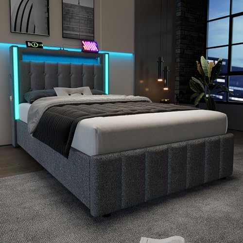 Polsterbett 90x200, LED Einzelbett Jugendbett mit USB Typ C Ladefunktion und 2 Schubladen, Bett Stauraumbett Funktionsbett Rückenlehne Bettgestell mit Holz Lattenrost, Leinen, Grau, Ohne Matratze