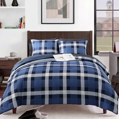 Image of MaiReve Full Size Plaid Comforter Set Indigo Blue, Classic Checkered 7 Pieces Bedding Set for Boys Girls Teen, All Season Lightweight Bed in A Bag with Sheets, Pillowcases & Shams