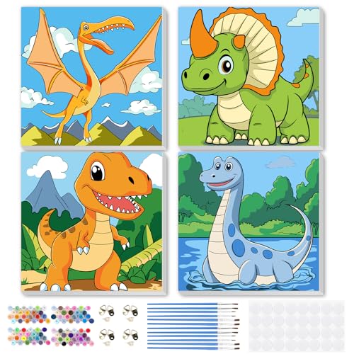 MEIYUDA 4Pack Framed Paint by Number Kit for Kids, Dinosaur Paint by Numbers for Kids Age 4-8-12, Cute Animals DIY Acrylic Oil Painting for Home Wall Decor Gift 8x8inch