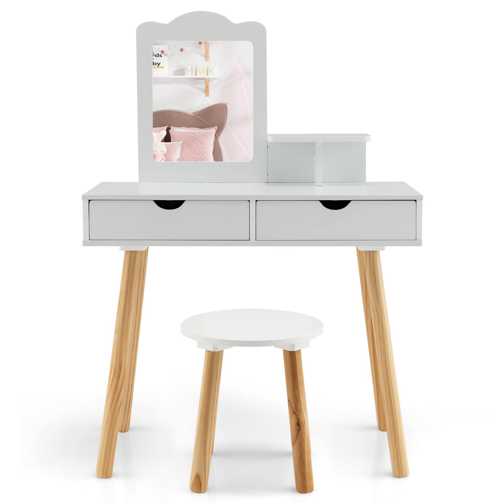 DREAMADE 2 in 1 Kinder Schminktisch mit Hocker und Abnehmbarer Spiegel, Prinzessin Frisiertisch mit Schublade Kosmetiktisch aus Holz, Kinderschminktisch für mädchen