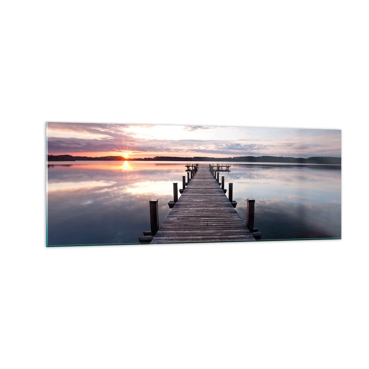 Moderne Impression sur Verre Passerelle Lac Coucher de soleil soir Image Tableau en Verre Decoration Murale 140x50cm Deco Salon Chambre Panoramique Grand XXL Tableaux Decoratifs Art GAB140x50-2635