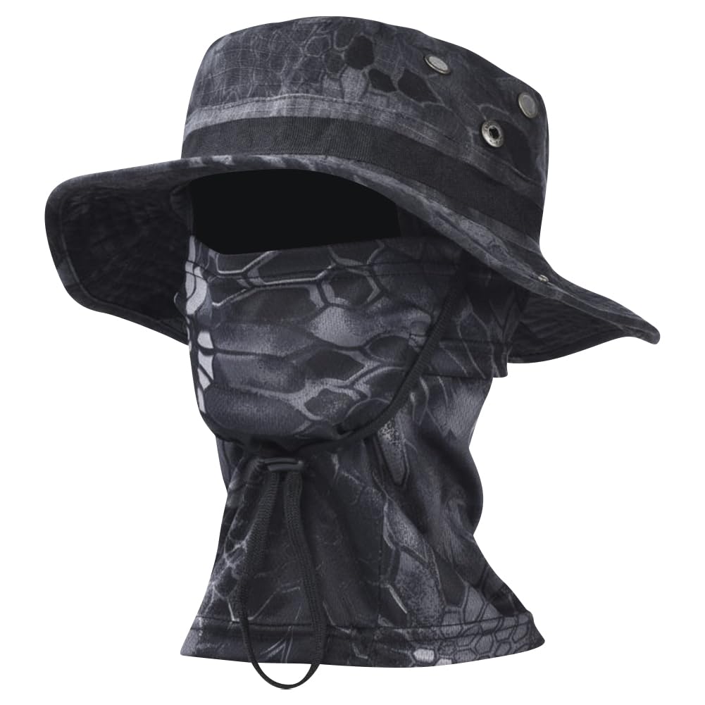Besforta Camo Boonie Sun Hat with Balaclava Face Mask UV Protection Fishing Hat Bucket Hat, Camo Black, One Size
