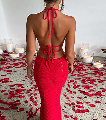Image of NUFIWI Women Backless Hollow Out Long Dress Sexy Knitted Maxi Dress Bodycon Spaghetti Strap Cocktail Party Midi Dress