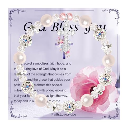Image of Easter Gifts Baptism First Holy Communion Confirmation Christian Gifts, Cross Charm Bracelet, White