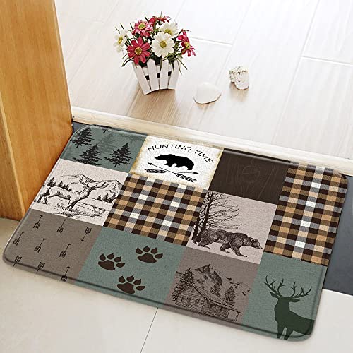 Bear Rustic Moose Buffalo Plaid Patchwork Deer Forest Animal Cabin Wildlife Bath Mats Non-Slip Absorbent Soft Plush Doormat Decor Bathroom Rugs For Kitchen Bedroom Floor Mat 24" X 16" #TOP15
